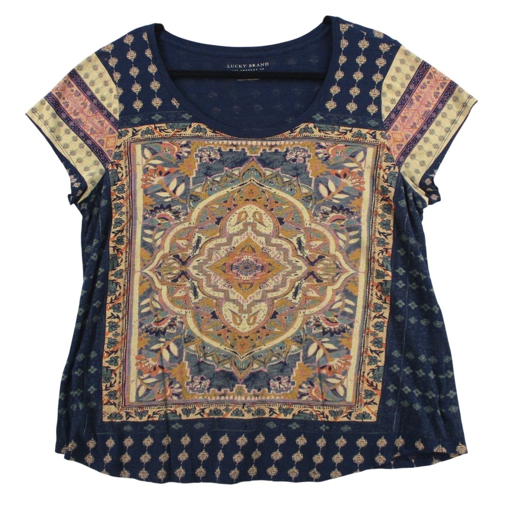 Lucky Brand Women 1X Navy Blue Medallion Scarf Print Short Sleeve Scoop Neck Top